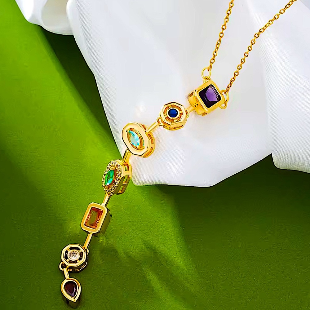 Gold Plated Stainless Steel Multicolor Zircon Tier Necklace Statement - Picture 15 of 17